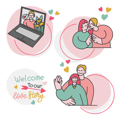Welcome to our love story, online relationship story, correspondence, funny love illustration in doodle