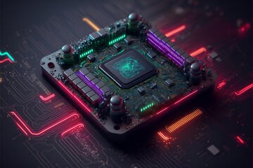 Motherboard of a Gaming PC with Neon Lights, AI Generative