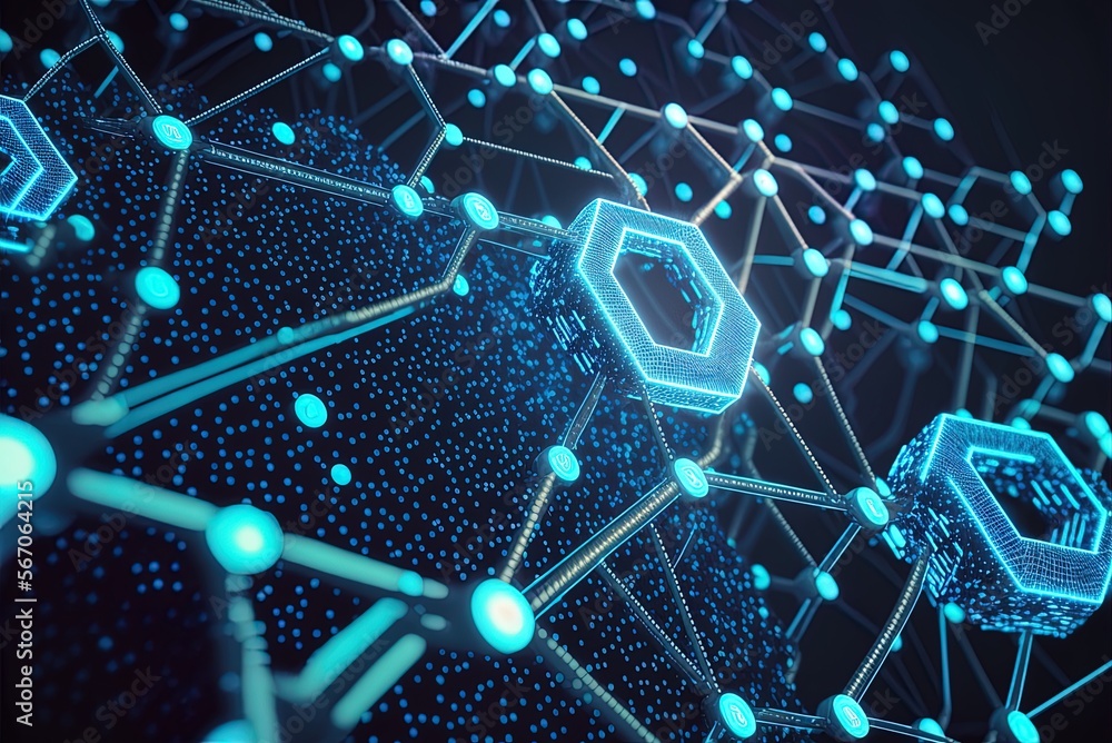 Poster blockchain-based digital text. links in a chain system abstract backdrop with a low polygonal grid o