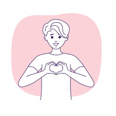 Happy girl making heart shape with hands. Love and Valentine's day concept. Vector illustration.