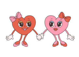 Fototapeta premium Trendy retro cartoon heart characters. Groovy style, vintage, 70s 60s aesthetics. Happy Valentines day, lesbian couple. Vector illustration