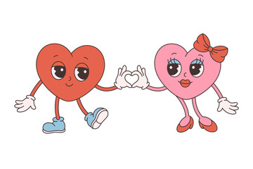 Trendy retro cartoon heart characters. Groovy style, vintage, 70s 60s aesthetics. Happy Valentines day. Vector illustration