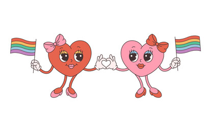 Trendy retro cartoon heart characters. Groovy style, vintage, 70s 60s aesthetics. Happy Valentines day, lesbian couple, LGBT flag. Vector illustration