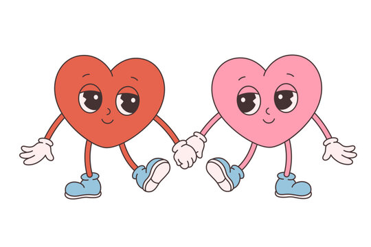 Trendy retro cartoon heart characters. Groovy style, vintage, 70s 60s aesthetics. Happy Valentines day, gay couple. Vector illustration
