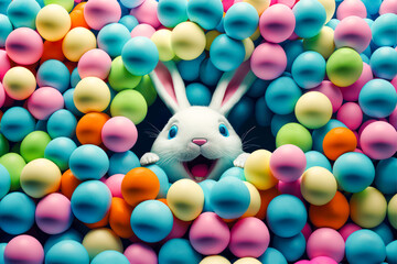 Happy Easter bunny with many colorful Easter eggs. Generative AI. - 567064833