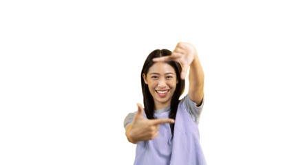 Playful young asian woman in good mood posing for photo or photo frame with fingers on PNG file,  Use your fingers to act like a photograph, Mark as if taking a photo.