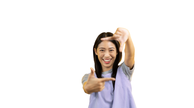 Playful young asian woman in good mood posing for photo or photo frame with fingers on PNG file,  Use your fingers to act like a photograph, Mark as if taking a photo.