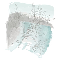 Vector abstract illustration in turquoise gray colors with contour pattern of twigs and berries.