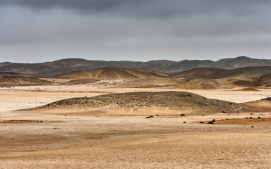 Desolate desert landscape with rolling hills in the Namib desert in western Namibia along the Atlantic coast
