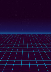 Ciencia ficción al estilo de los años 80, azul, ilustración futurista. Plantilla de póster. Fondo de onda sintética en estilo retro. © Marek