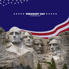 presidents day poster, with elements of Rushmore monument statue and united states flag for commemorative poster