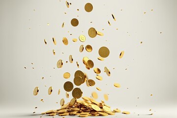 A pile of falling coins on a white background, winning the lottery or casino. Generative ai.