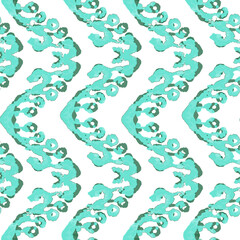 Rhombus Ikat Vector Pattern. Ogee Geometric Print. Teal and Blue Vibrant Carpet Rug Chevron Motif. Abstract Ethnic Kilim. Wet Vintage Tie Dye Ornament. Watercolor Batik Seamless Design.