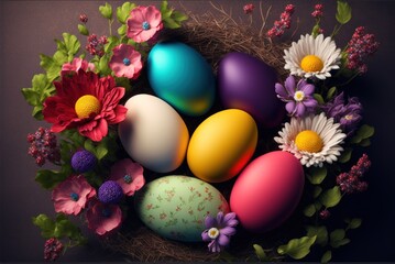 Fototapeta na wymiar happy easter congratulations with easter background easter eggs and flowers.