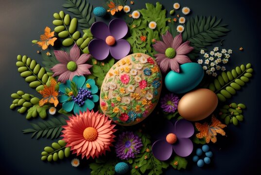 happy easter congratulations with easter background easter eggs and flowers.