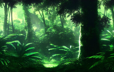 Tropical botanical landscape background. Exotic green jungle background and wallpaper, Forrest, Rainforest, Plant and Nature Illustration. Generative AI.