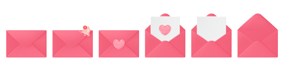 Set of pink envelopes with letter, heart, notification bell, isolated on white background.
