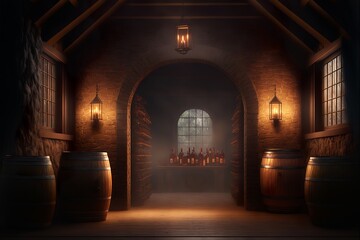 Dark wine cellar with brick walls, window and pale lighting, with a lot of barrels