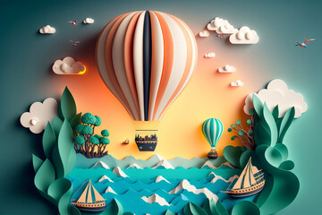 Hot air balloon over the sea,  paper craft art or origami style for baby nursery, children design.Generative ai. - obrazy, fototapety, plakaty