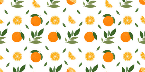 Citrus seamless pattern with oranges and leaves on a white. Vector illustration.