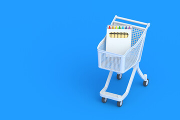 Wax pencils in market cart. Copy space. 3d render