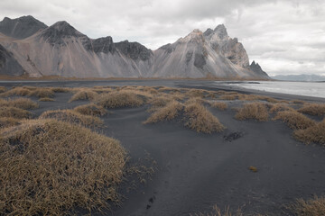 Drone aerial of Vestrahorn Black Sand Beach in Iceland