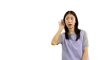 Asian woman eavesdropping or overhearing secret conversation isolated on background, Gossip,...