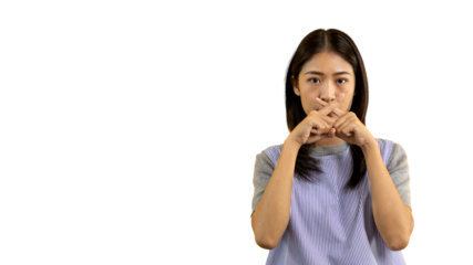 Asian woman doing silent gesture with finger, Noiseless signal transmission, Noiseless symbol, Hide a secret, Crossed hands, Do not speak, Shut your mouth, Isolated on PNG file.