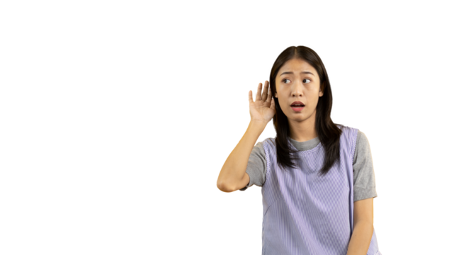 Asian woman eavesdropping or overhearing secret conversation isolated on background, Gossip, Listening, Background studio portrait, PNG file.