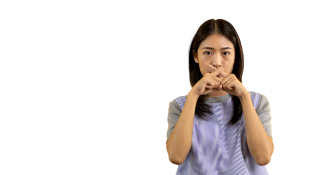 Asian woman doing silent gesture with finger, Noiseless signal transmission, Noiseless symbol, Hide a secret, Crossed hands, Do not speak, Shut your mouth, Isolated on PNG file.