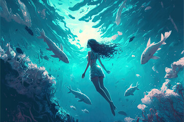 Girl swimming with fish in the middle of the blue turquoise ocean. Generative
