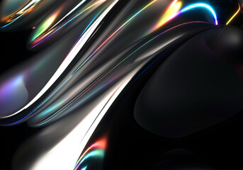 3d render of abstract art 3d background with part of surreal metal sculpture in curve wavy elegance lines forms with glowing neon laser plasma lines on surface in rainbow gradient color in the dark