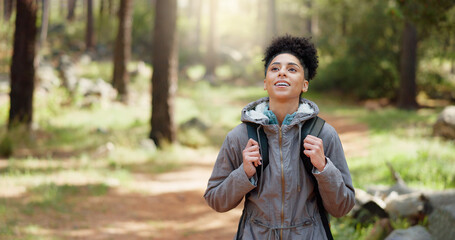 Freedom, fitness hiking and woman in nature park, relax and happy outdoor in nature for peace,...