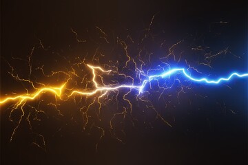 Collision of two forces with yellow and blue lights. Vector light effect. Realistic lightnings. AI

