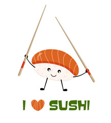 Funny cartoon salmon sushi holding chopsticks