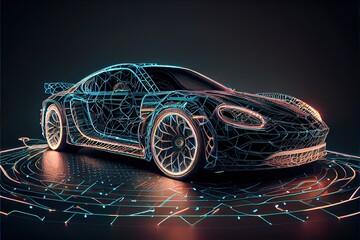 Futuristic car with wireframe intersection with digital user interface environment (3D Illustration). AI
