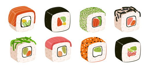 Set of sushi rolls on white background