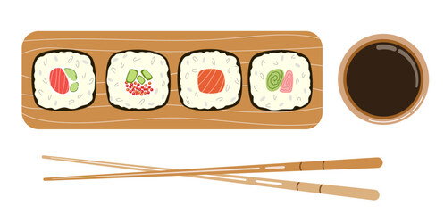 Sushi maki, soy sauce and chopsticks.