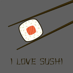 Roll card with salmon and chopsticks.