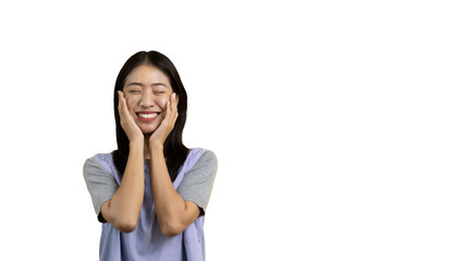 Fototapeta premium Woman smiling happily isolated on png file background, Woman loves and rejoices herself, Contented, Pure love, Love myself, Proud of yourself, Self-made happiness, Painting Therapy with a smile.