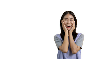 Fototapeta premium Woman smiling happily isolated on png file background, Woman loves and rejoices herself, Contented, Pure love, Love myself, Proud of yourself, Self-made happiness, Painting Therapy with a smile.