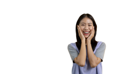 Woman smiling happily isolated on png file background, Woman loves and rejoices herself, Contented, Pure love, Love myself, Proud of yourself, Self-made happiness, Painting Therapy with a smile.