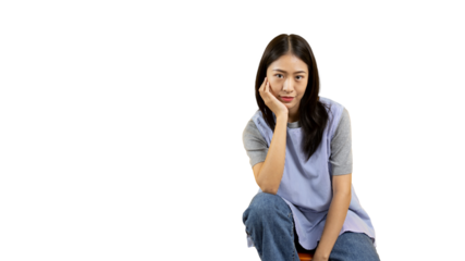 Asian biracial woman sitting in wooden chair and smiling happily on PNG file, Lovely lonely woman spreads a bright smile, Smile is cheerful and bright.