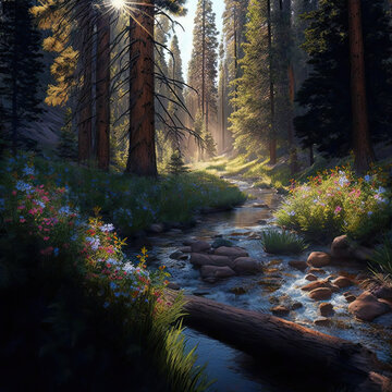 Landscape painting in the forest in the evening, AI Generative