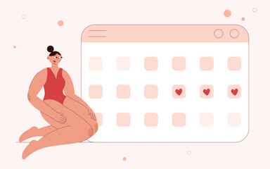 Menstruation, woman and period calendar.