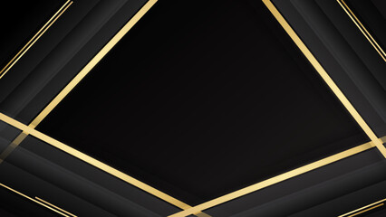 Black stripe with gold lines on the dark background. Geometric gold black lines metal carbon neutral background with black metal stripes vector.