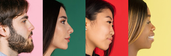 Closeup profile view of young diverse people smiling over multicolored background. Youth culture....