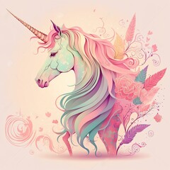 Obraz na płótnie Canvas A cute pink unicorn with colorful flower background, it is an adorable fictional creature generative ai