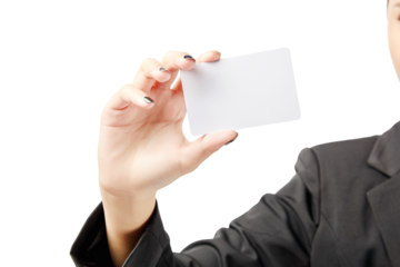 business woman hand showing blank white business card closeup