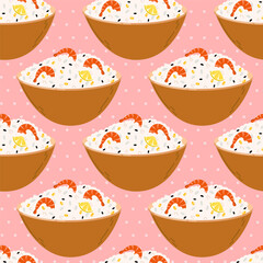 Seamless repeat pattern of a bowl of rice with shrimps on a pink background